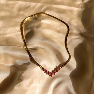 Vintage 1970s Gold Herringbone Necklace With Pink Rhinestones